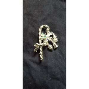 Vintage 50s Dobbs Gold Candy Cane & Holly Rhinestone Brooch